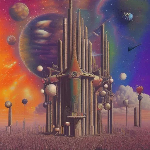 poster, crazy, realistic, poster, psychedelics , band, art, music, digital art, pink floyd, city, another planet,universe