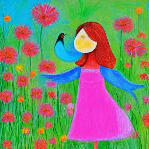 girl in the garden with one colorful bird singing painting crayon