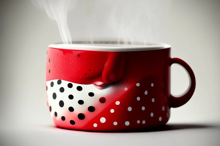 a sleeping female figure in steam over a red polka dot mug