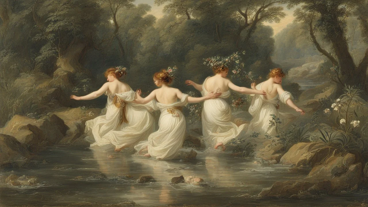 Nymphs Dancing in a stream, in a woodland clearing