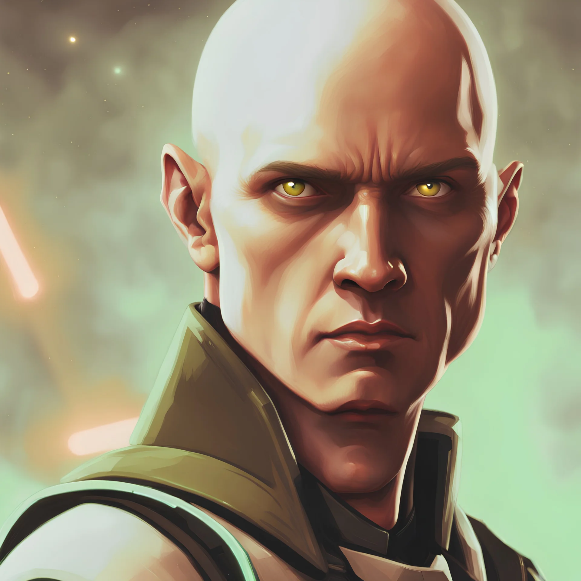 star wars bald male corellian jedi pilot wearing black and olive drab old republic armored flightsuit with gold trim inside the jedi temple holding a lightsaber with viridian green blade in left hand, centered head and shoulders portrait, hyperdetailed, dynamic lighting, hyperdetailed background, 8k resolution, volumetric lighting, light skin, fully symmetric details