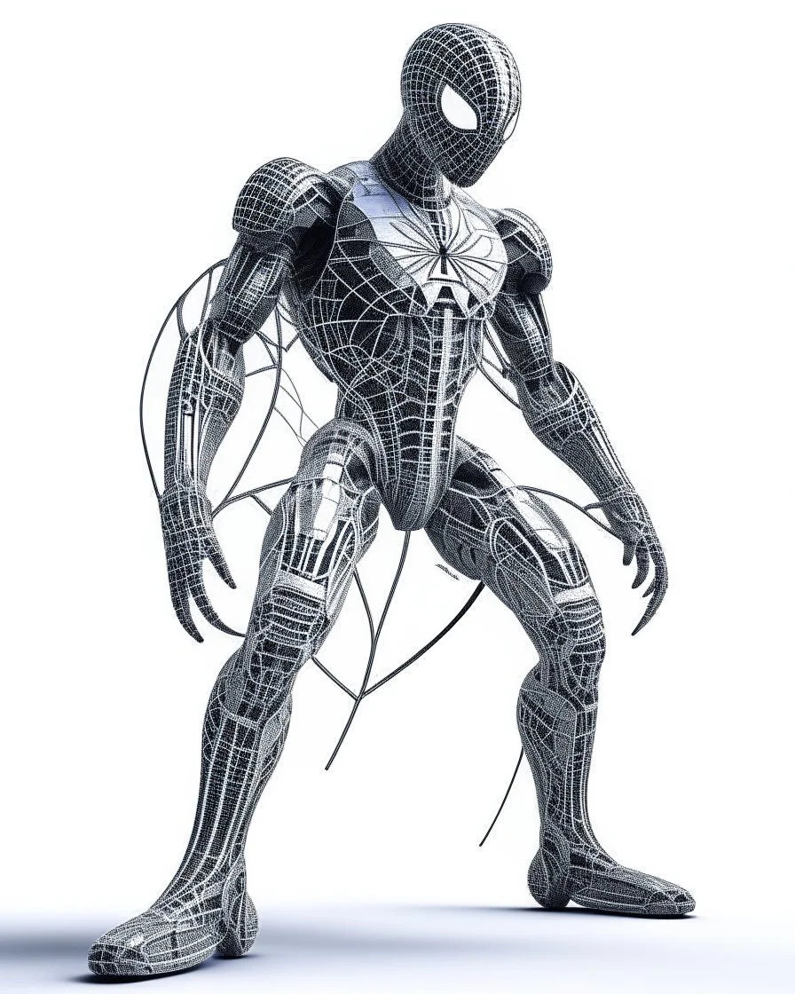 Arte lineal Spiderman cyborg de pie, calidad ultra, hiperdetallado, maximalista, color blanco, increíble obra de arte piernas completas pies completos