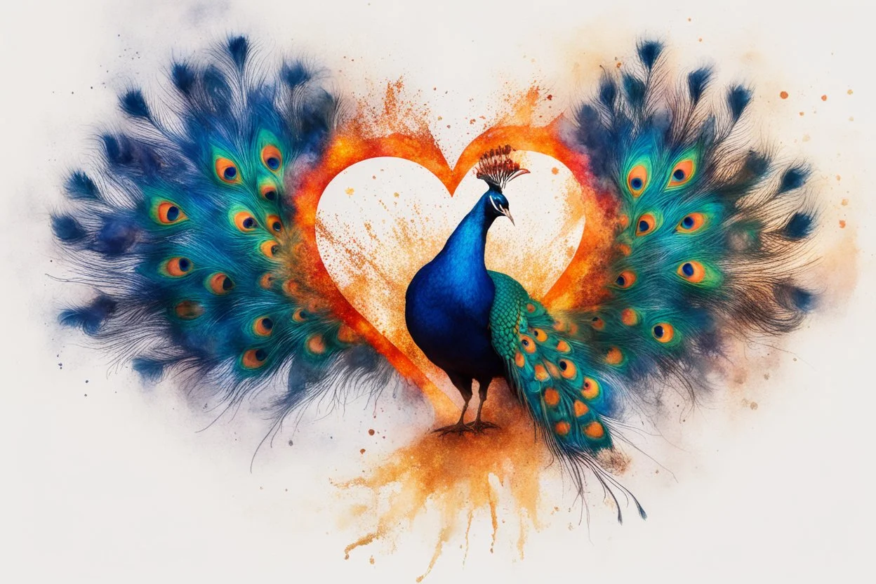 double exposure, merged layers, colorful peacock with dynamically blazing fire, ink splatter art, watercolor and ink, golden glitters, double exposure heart and love