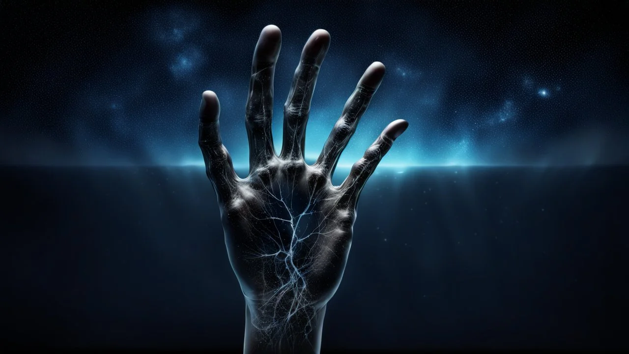 fekete tengerből a mélykék ég felé nyúló átlátszó üveg kar fekete erekkel és öt ujjal, sötét univerzum, halvány csillagok, galaxis, detailed, high realistic, lenyűgöző, dark. gloomy