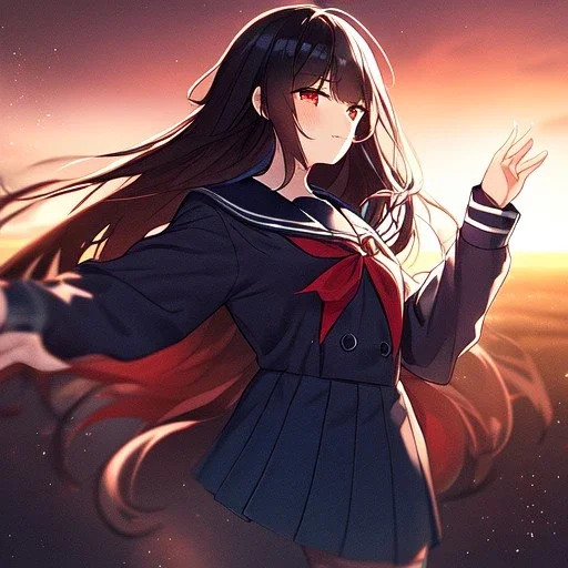 Clear focus,High resolution, Black long straight hair, and red eyes, wearing a sailor uniform, dancing in the moonlight