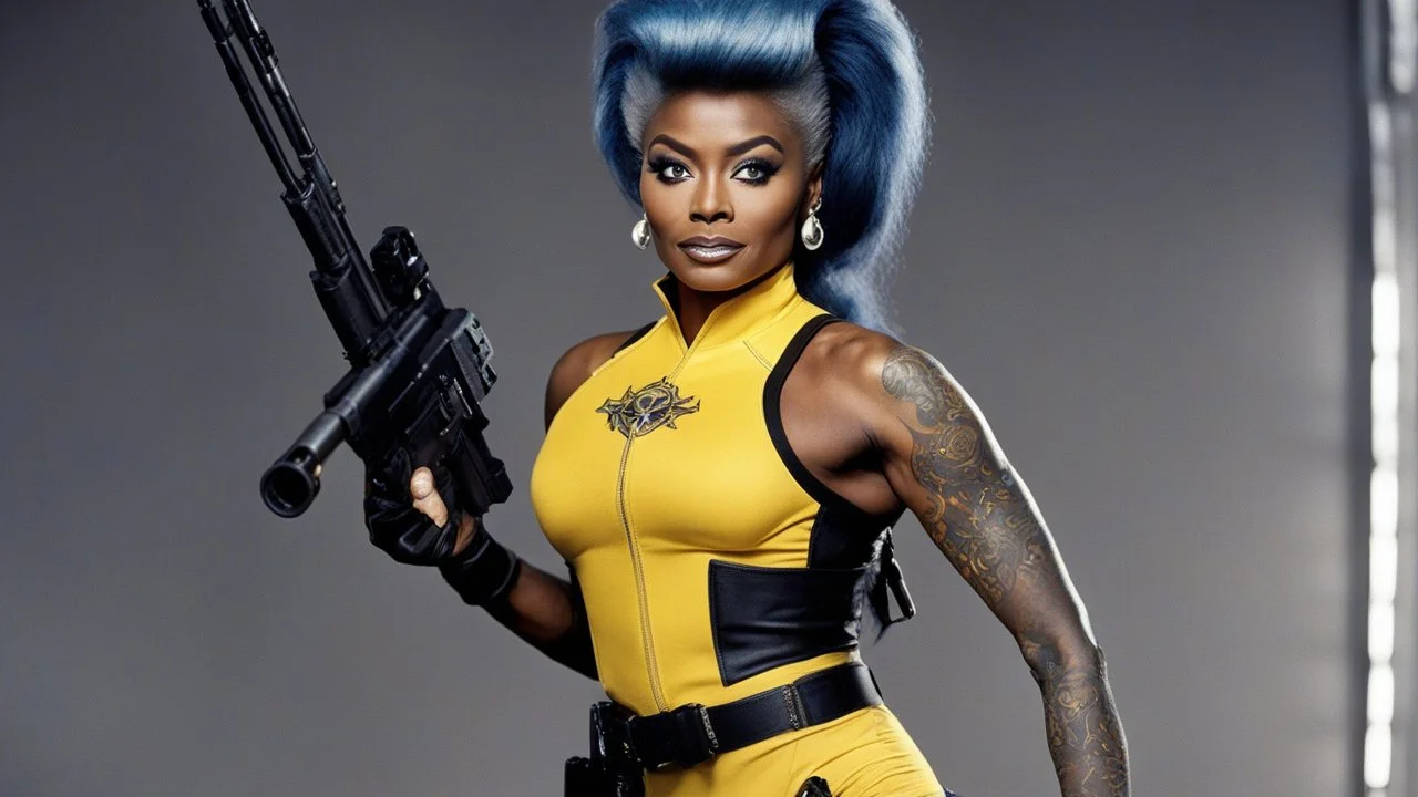 A Nichelle Nichols warrior with a machine gun covered by tattoos, 24-years-old her lean muscular frame wrapped in a yellow tactical two-pieces bodysuit and a bullet proof vest over her bossom. Her hair is pulled back in a tight ponytail, revealing blue eyes [vintage style noisy scratches glitches, Shot the texture and then rewound the film and double exposed from a 1970 B series movie] she stands on the balcony of the marble palace of a modern dictator, behind we see the beach and palm trees