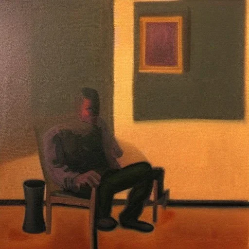 In a room, there is a man sitting on the comfortable chair. Oil painted.