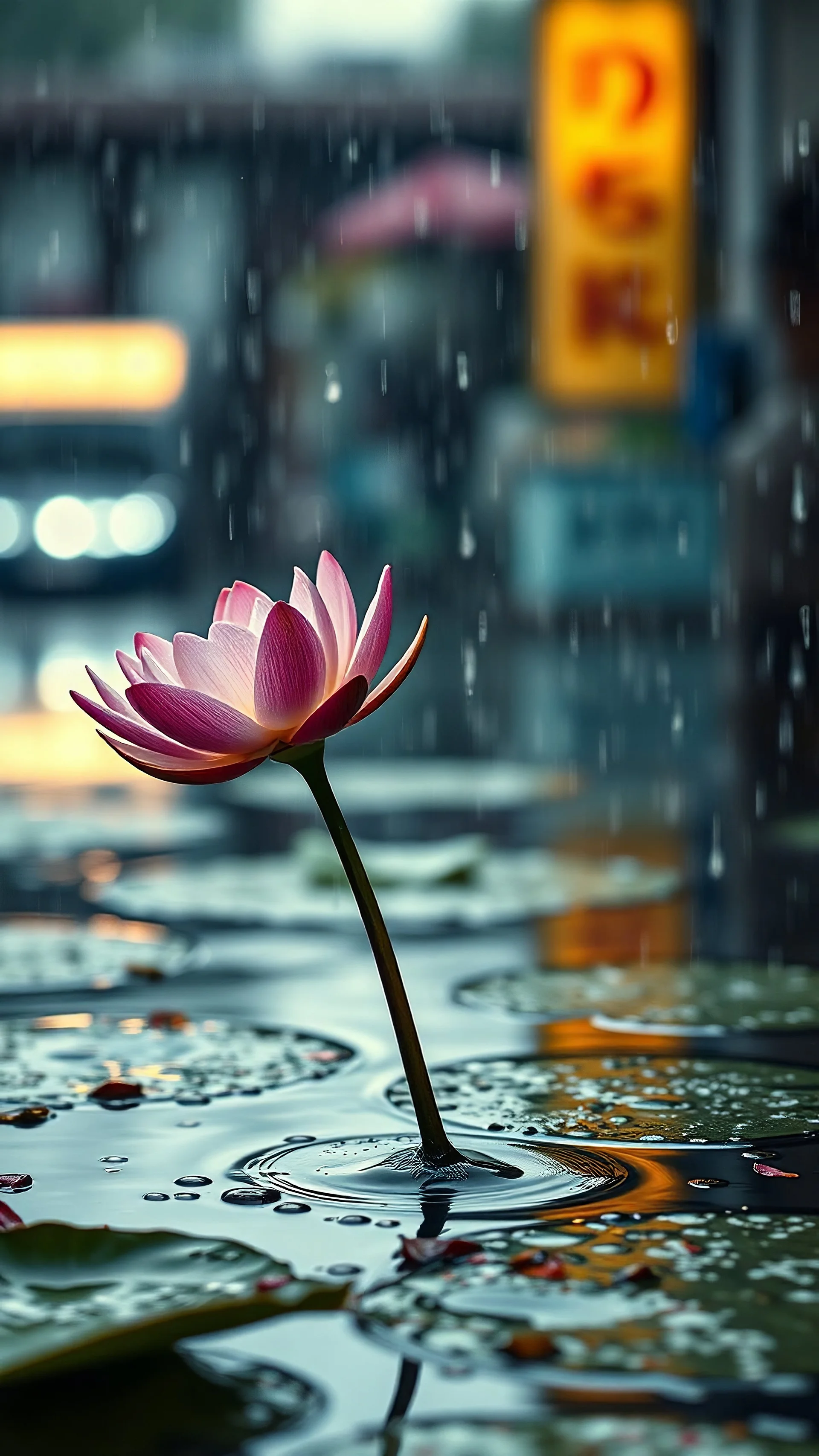 amazing details, 8k, high detailed, high quality, higher resolution, vintage color palate, nostalgia vibes, vintage style , water lilly, rain , water, cinematic shot ,