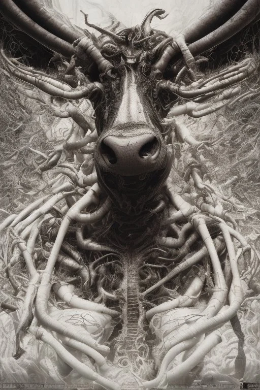 a very insane outrageous portrait of a cow in (H.R giger) style with lots of alien tenticles, being held at gun point in a (grungy toilet)::26, from new york subway, 8k