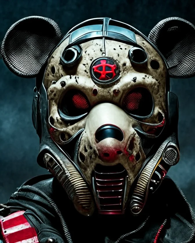 zombie mickey mouse hybrid, photorealism, movie screen capture, horror, sci-fi, retrofuturism, matching mickey mouse ears on mask