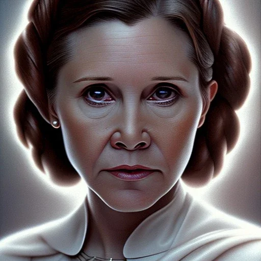 [[extrem stunning photorealistic carrie fisher as princess leia]] :: [[photorealistic brown eyes, symmetrical short hair, head and shoulders portrait, 8k resolution photorealistic portrait by Greg Rutkowski, WLOP, hyperdetailed, intricately detailed, triadic colors]]