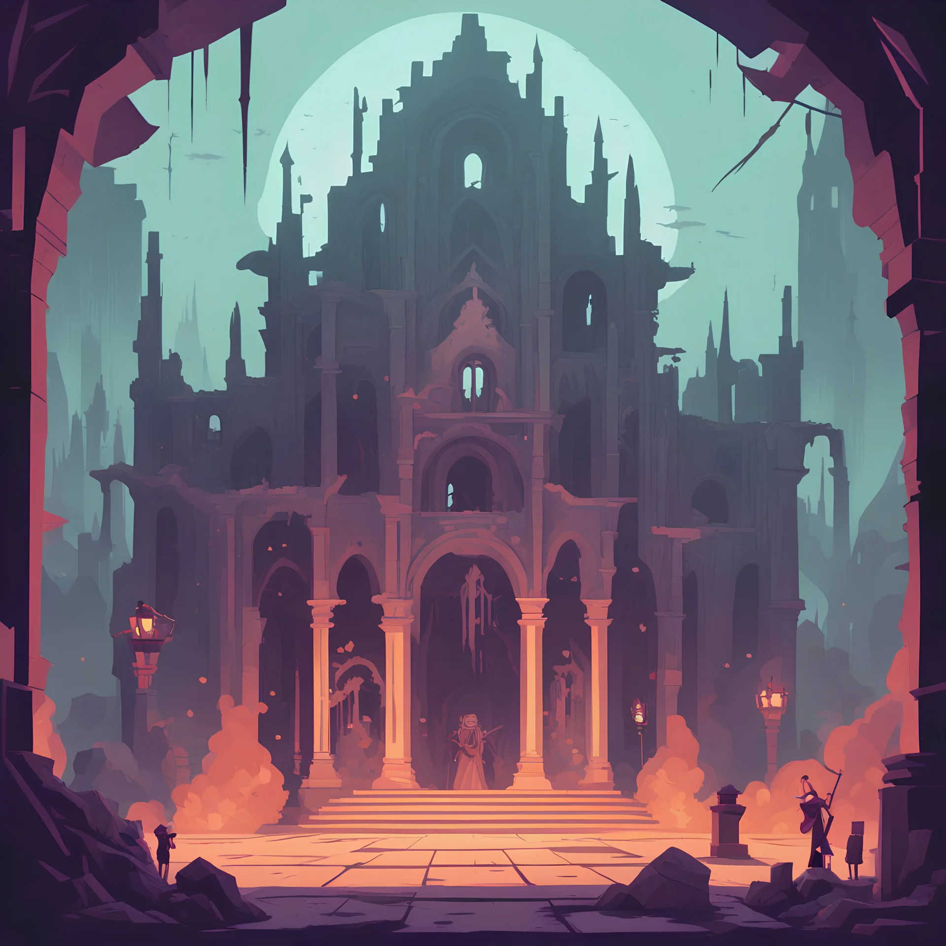 A ruin in which Blackcaster conjurer lurks performing experiments on atronachs, in Flat Design art style