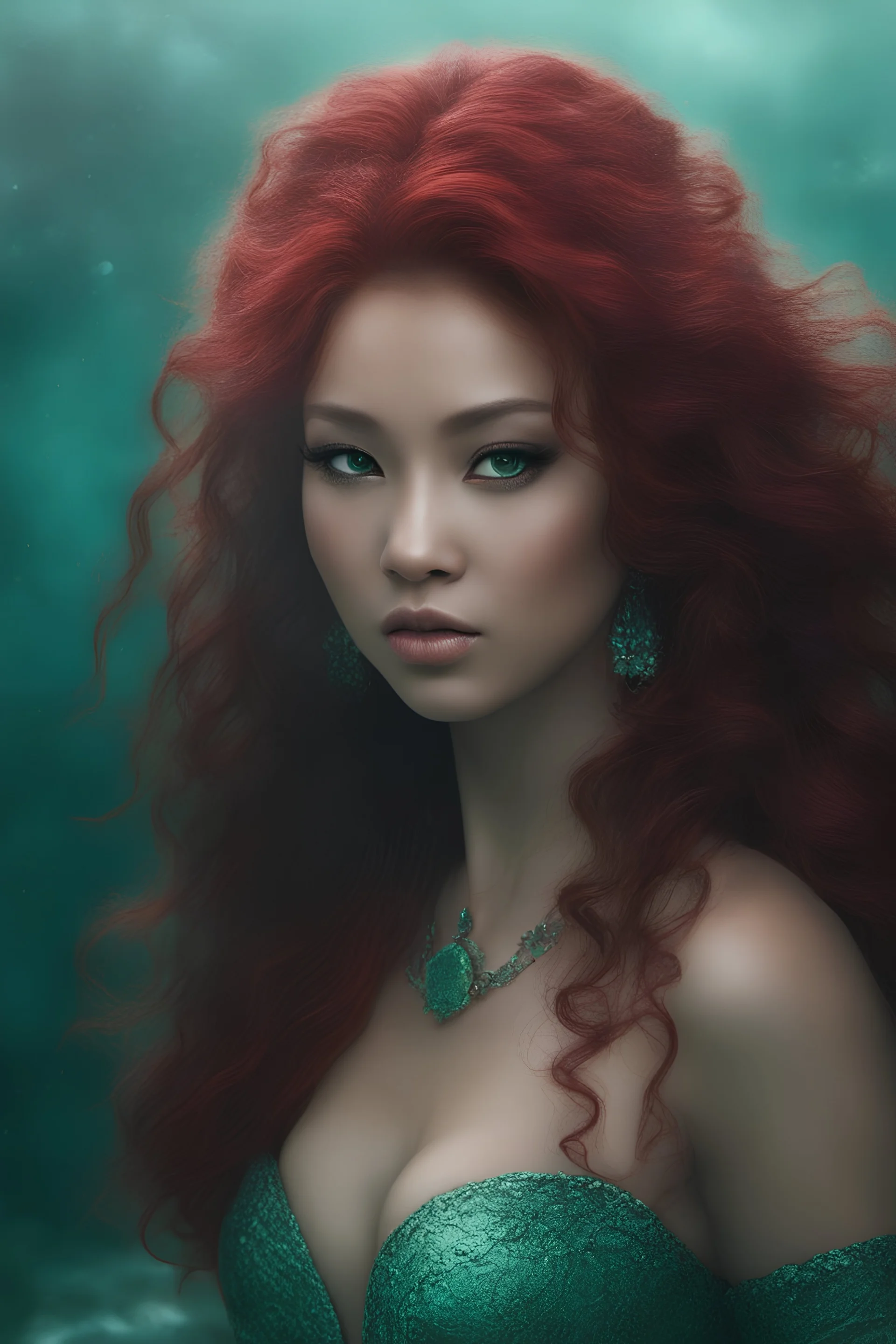 the black Chinese mermaid with Long wavy, curly (((red hair))) and bright, (((sea-green eyes))), - full color - 32k, UHD, 1080p, 8 x 10, glossy professional quality digital photograph - dark foggy gradated background, historic, powerful, octane rendering, exquisite detail, 30 - megapixel, 4k, 85 - mm - lens, sharp - focus, intricately - detailed, long exposure time, f8, ISO 100 - back - lighting, ((skin details, high detailed skin texture))