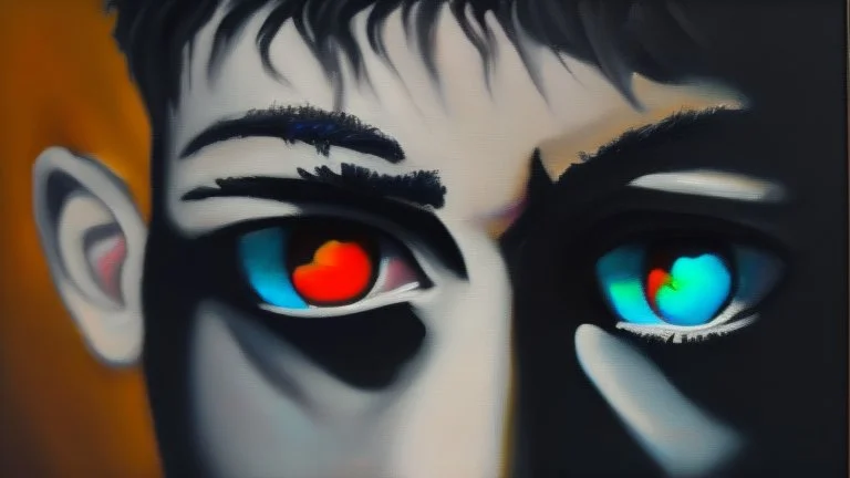 An oil painting art with a dark theme that evokes the words "But now he has eyes of a different color"