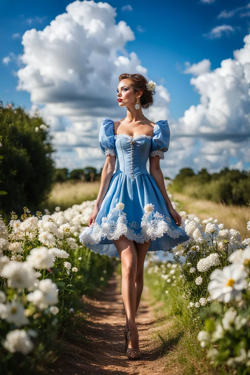 fullbody girl makeup wearing a victorian short dress walking in country side ,flowers ,pretty clouds in blue sky