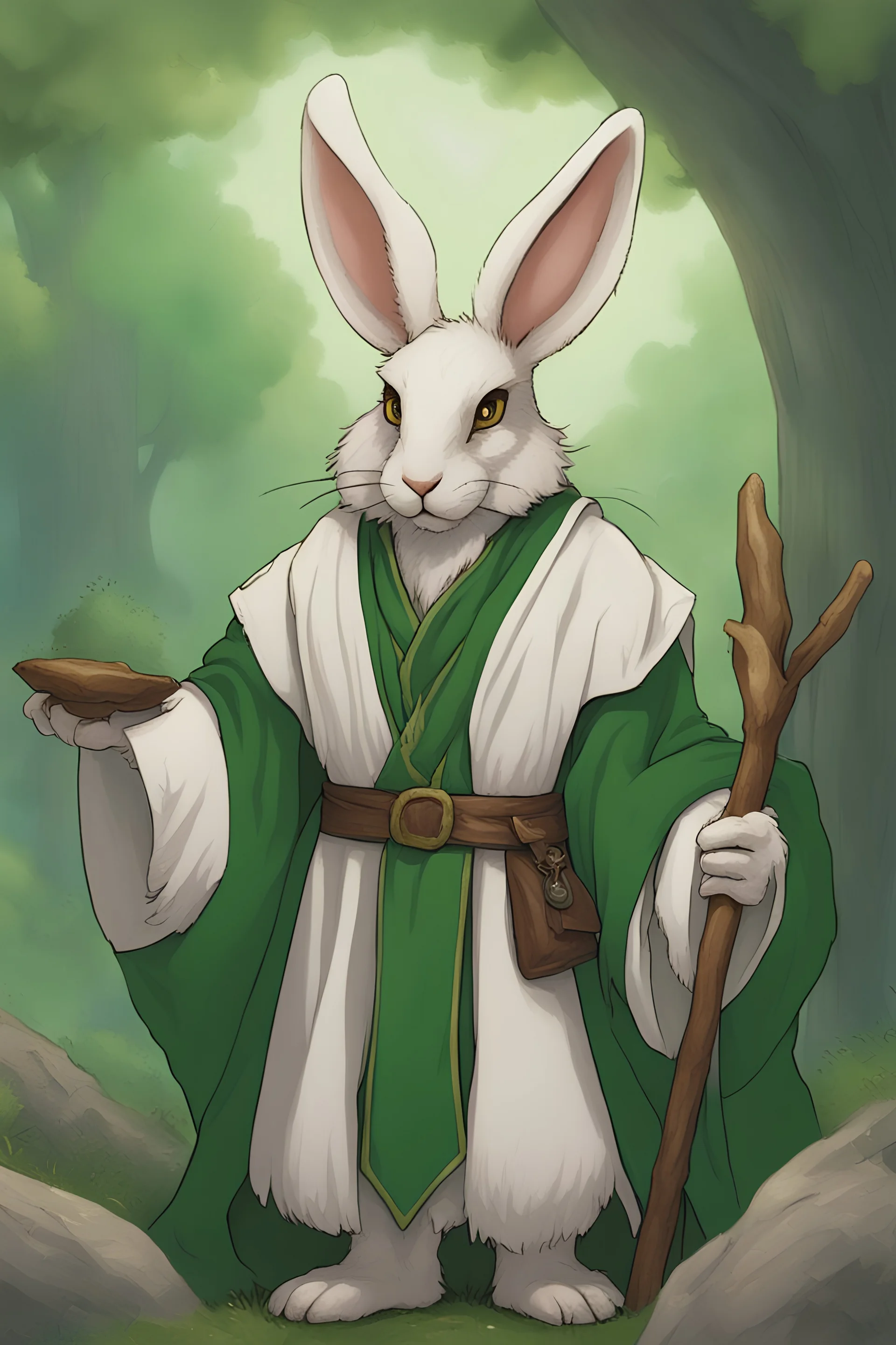 Male rabbitfolk with grey fur and Hazel eyes wearing a emerald green robes in a fantasy setting, sorcerer of life