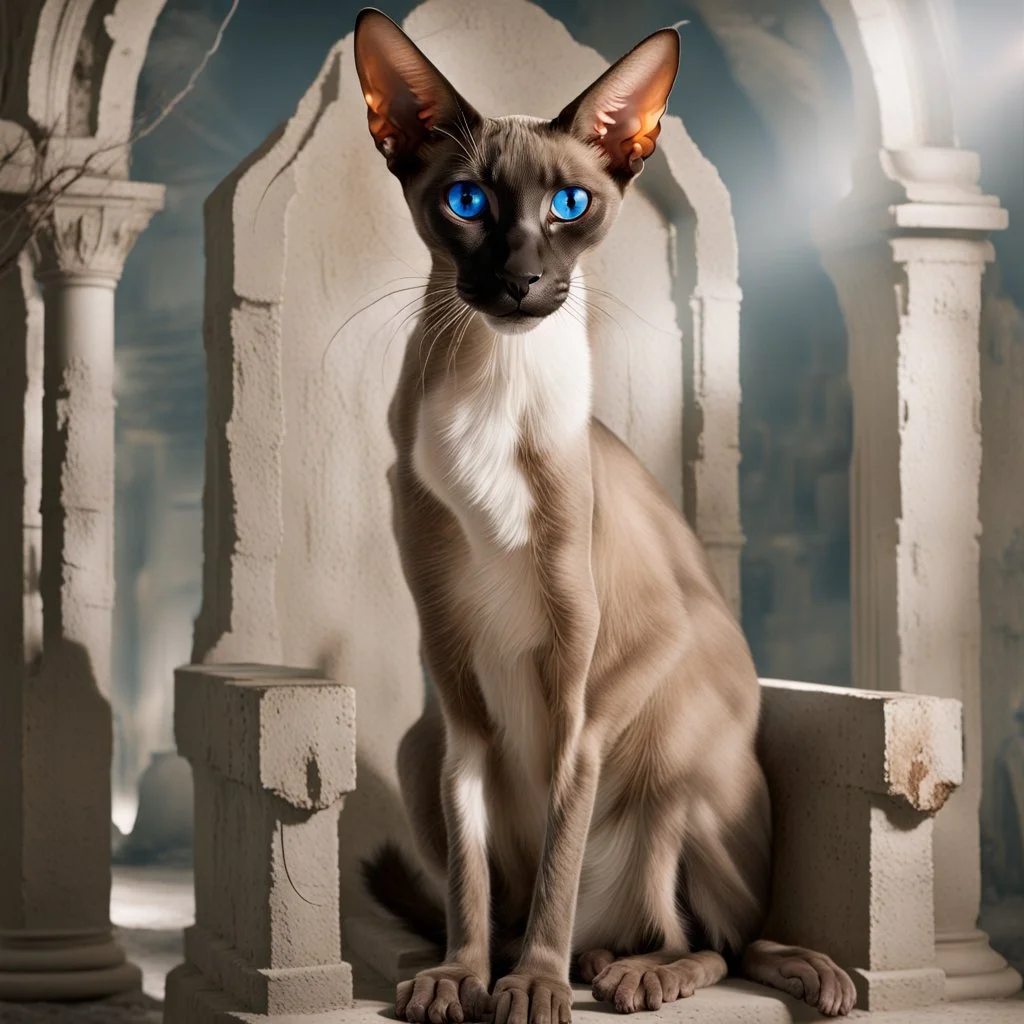 cinematic, dark fantasy masterpiece where a majestic Oriental Shorthair Siamese with chocolate-point markings and piercing, luminous blue eyes sits with absolute sovereignty upon a colossal, crumbling obsidian throne deep within a forgotten crypt. The aesthetic is a visceral fusion of Brom’s macabre elegance and Frank Frazetta’s raw, muscular composition, executed as a high-contrast mixed media collage that blends surreal photography with grit-laden concept art. The cat’s sleek, alien silhouette