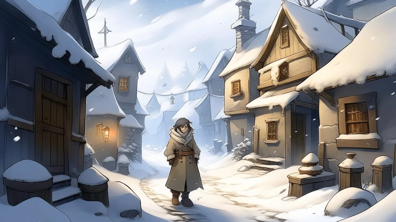 In the winter season, which covers the ground with white, the hero appears moving through the quiet alleys of the village. A look of challenge and inquiry appears on his face, while small pieces of snow fall around him, hinting at the secrets buried in this quiet town. The hero wanders cautiously between closed houses, where smoke from fireplaces rises and snow falls from roof vents. The hero tries to understand the character of the witch and her secrets, but discovers that the people warmly av