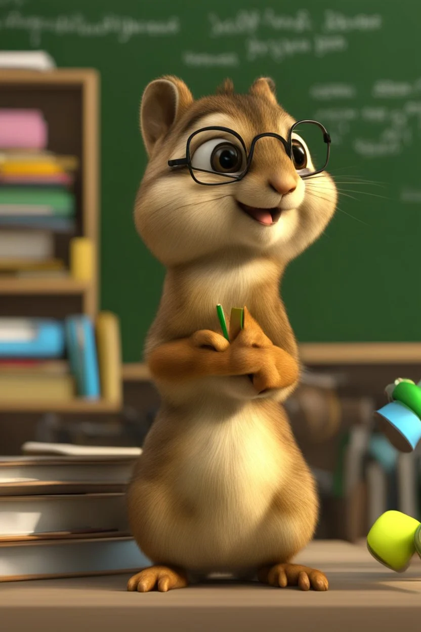 Cute 3d animated chipmunk, she is a teacher standing by the blackboard