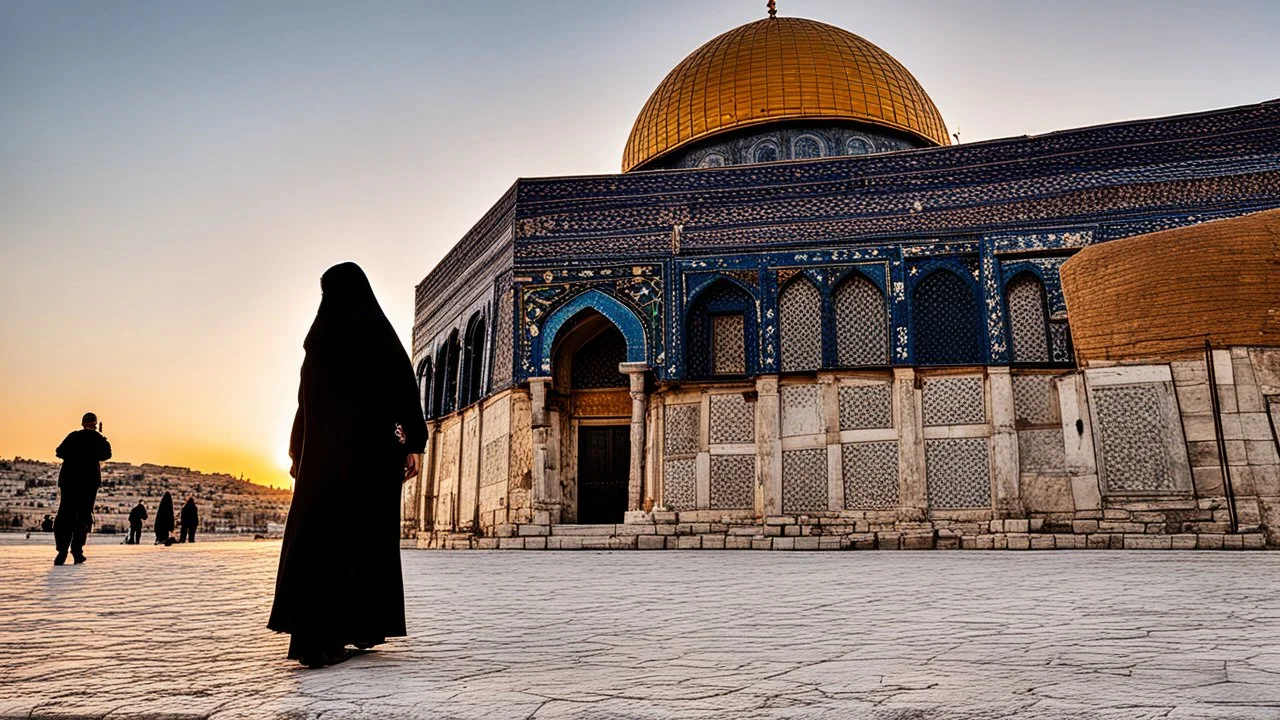 A Palestinian woman wearing an embroidered dress with the Dome of the Rock in front of her during sunset in winter.