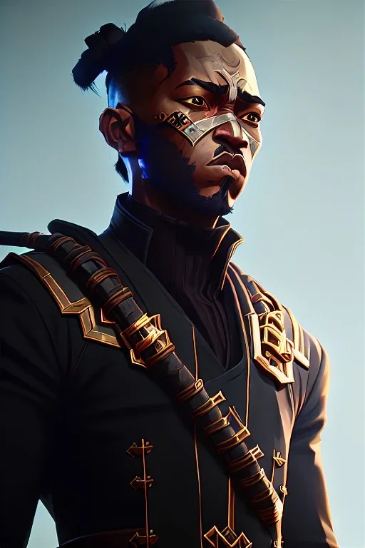 No1st_cr1t1kal, Charlie White, full portrait of black samurai gaspunk, high detail, volumetric lighting, tiny features, intricate detail, volumetric clouds