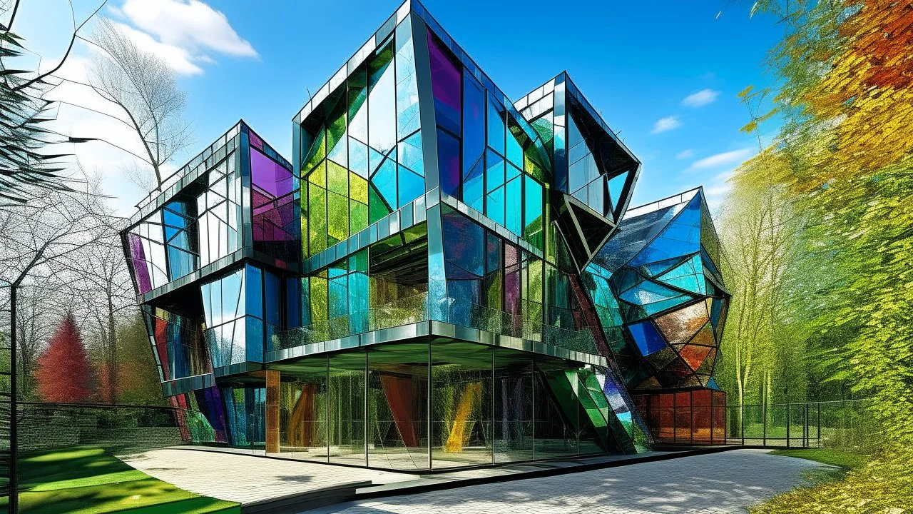 A futuristic, eco-friendly abode comprising intricately arranged, colorful glass parallelepipeds, each uniquely tailored to serve a distinct purpose, such as living quarters, greenhouse, or observatory, with seamless transitions between sections. The sleek, angular architecture is accentuated by dazzling reflections that dance across the building's facade, casting a kaleidoscope of colors onto the lush, emerald green surrounding landscape. The parallelepipeds' polished surfaces glimmer with irid