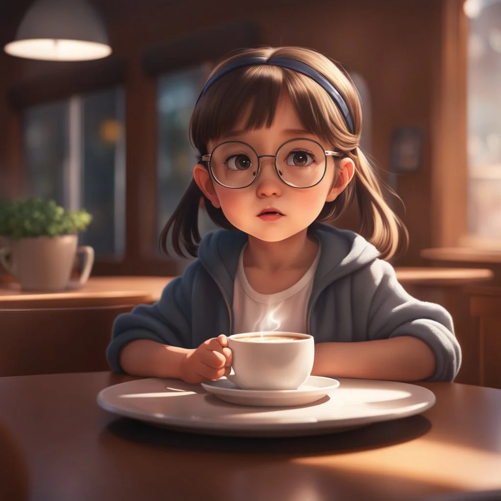 a little girl sitting at a table with a cup of coffee, hyper realistic eyes, 😭 🤮 💕 🎀, 2 d cartoon, cool glasses, phtorealistic, human babies, 2 0 2 2 anime style, cute:2, auroracore, it is afternoon, as though she is dancing, with round cheeks, drink