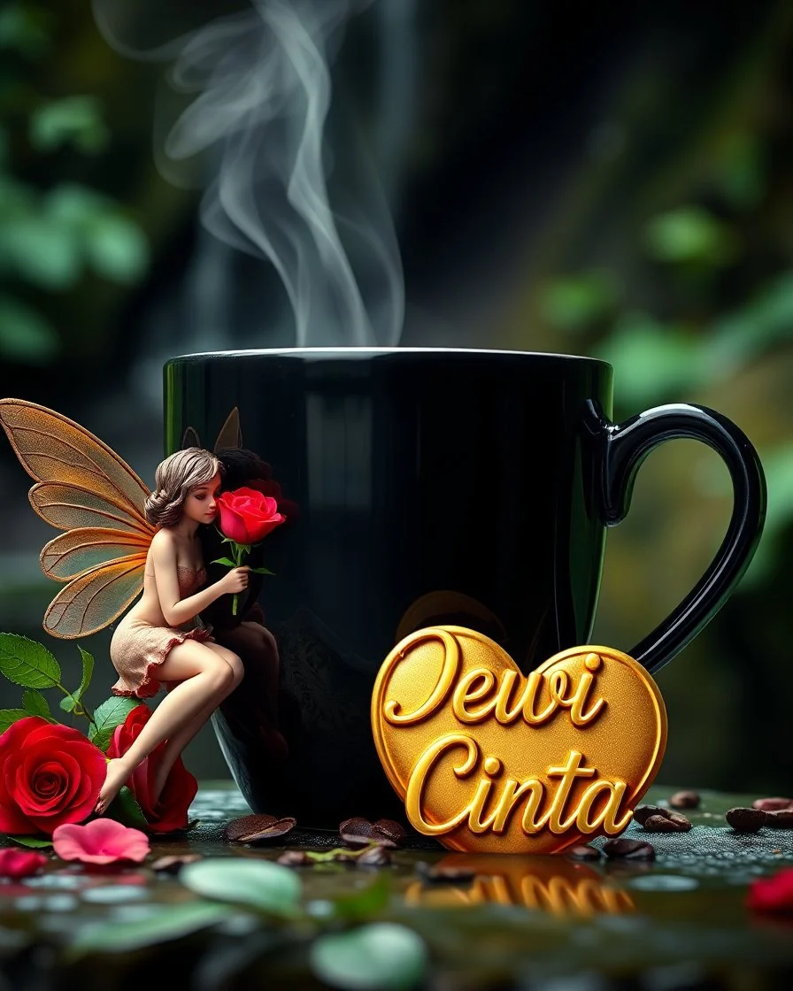 photorealism surrealistic image of a big black shiny coffee cup with steam, a beautiful fairy sitting near the cup and holding a red rose,and the text 'Dewi Cinta' in a trendy font. Add a golden heart with the word 'Dewi Cinta' written on it to enhance the love atmosphere. lush blurred background green waterfall greenery, ultra HD 64k studio hyperrealism lightning light reflection macro photography sharp focus