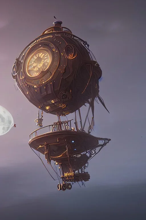 steampunk airship under the moon