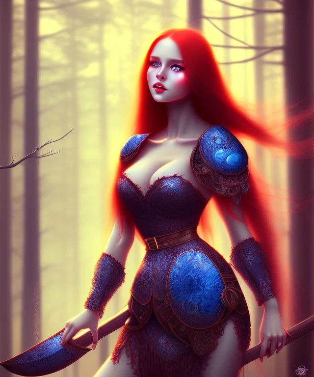 beautiful girl, red long hair, corsage, smile, blue eyes, sehr große oberweite, kriegerin im wald, nacht, lagerfeuer, fantasy art