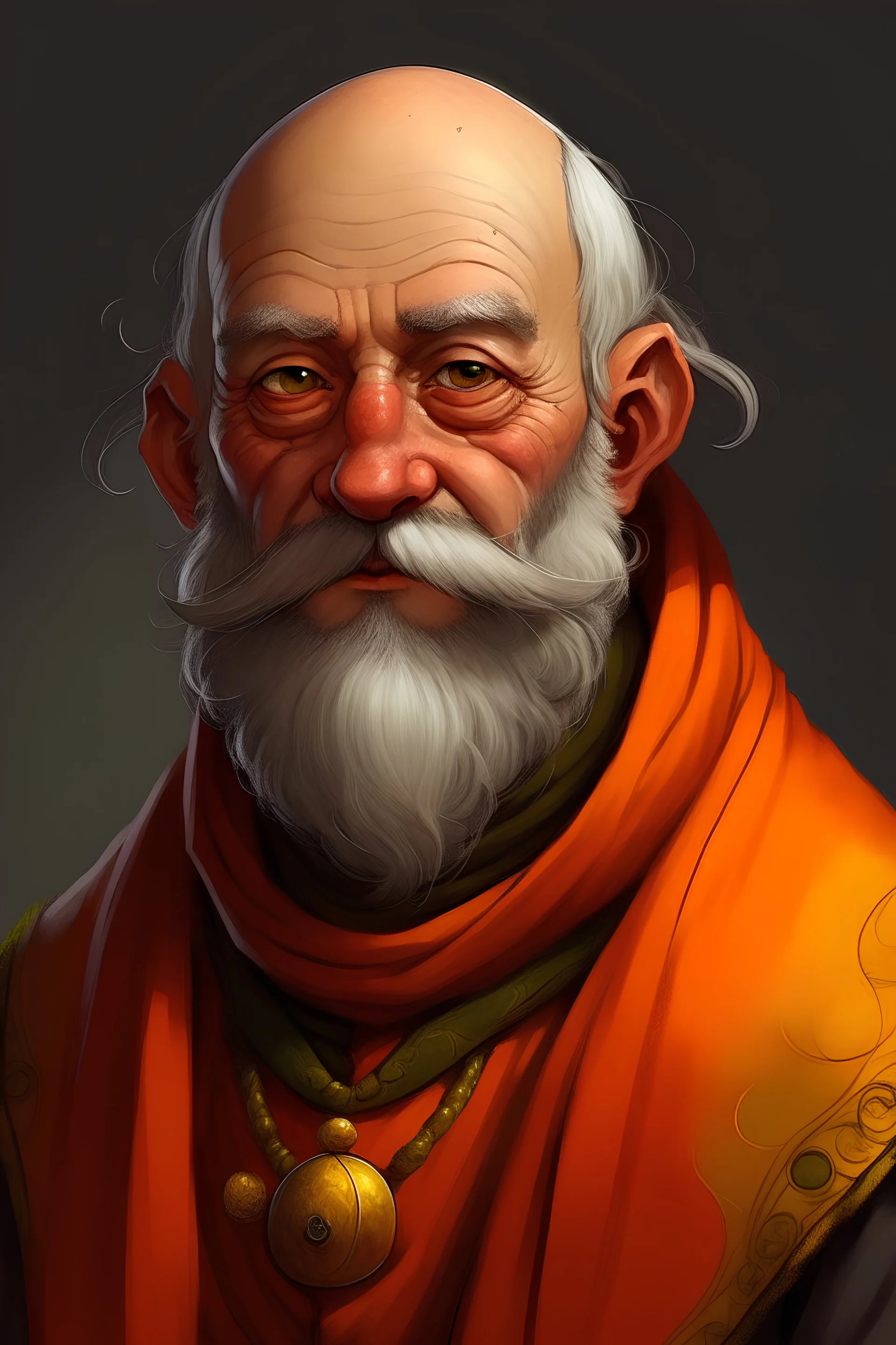 A fantasy playwright in his 60s with intense male pattern baldness, gray hair, and auburn/orange/marigold colored costume. A total drunk, with a ruddy red nose and sunken eyes. Looks smart but totally overwhelemed.