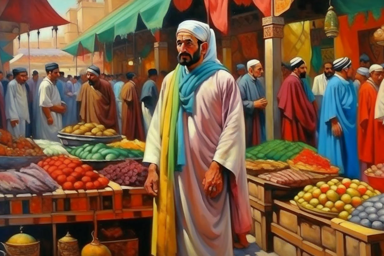 oriental arabic man standing a market painting neoclassism colorfull