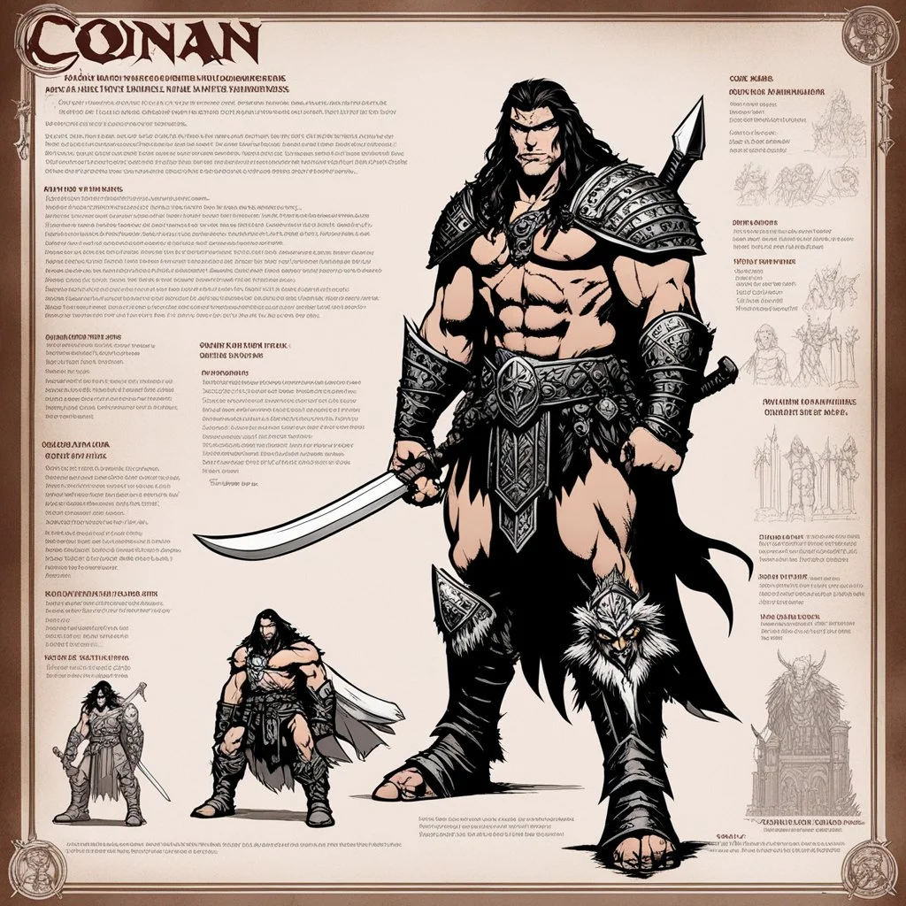 character concept sheet with AD&D statistics and characteristics, [wii No More Heroes style with thick lines] Conan the barbarian on the throne with all his iconic glory