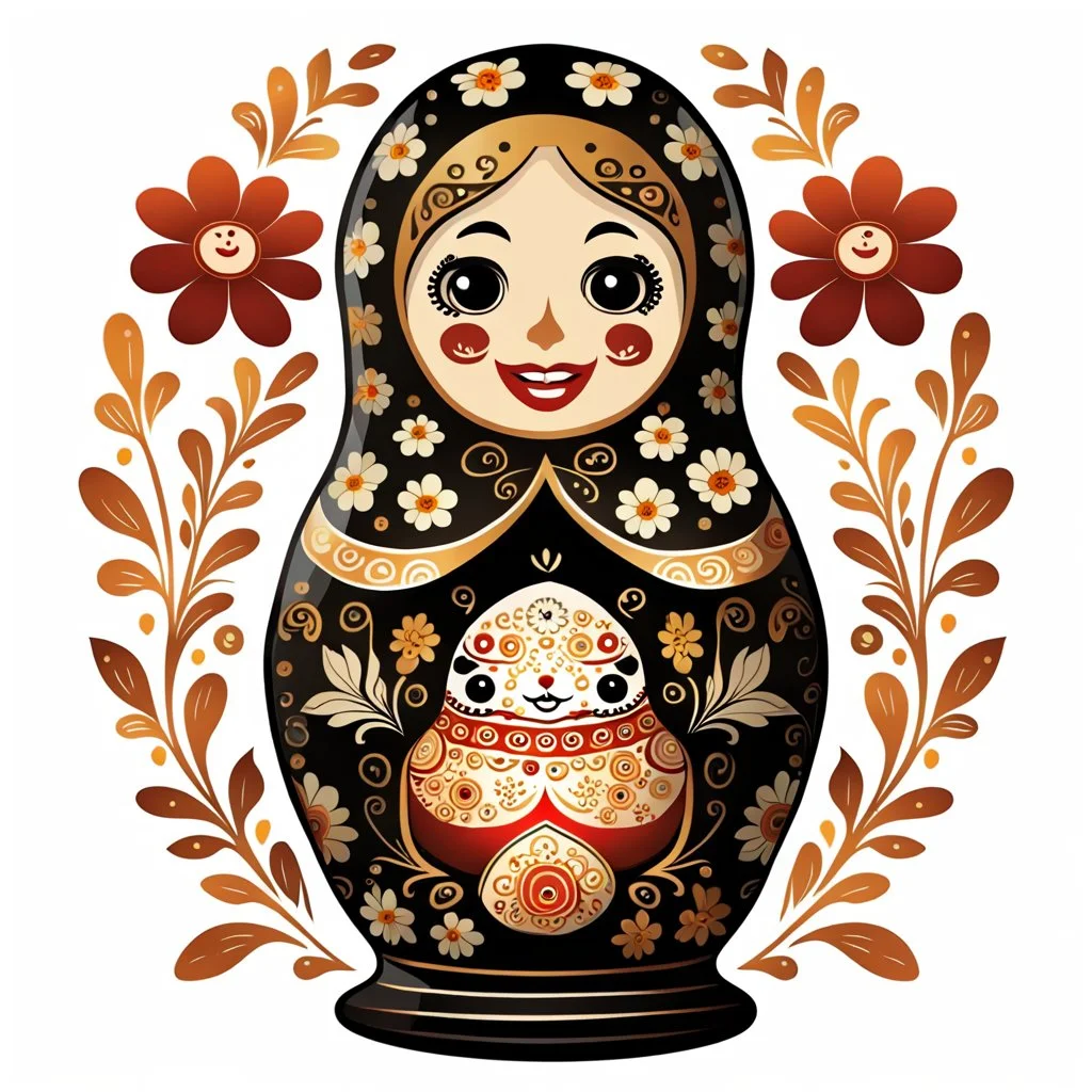 draw matryoshka dolls, the matryoshka is smiling, the kind sweet face of the matryoshka doll, behind the matryoshka Russian patterns in the style of Khokhloma, Khokhloma with gold and black flowers