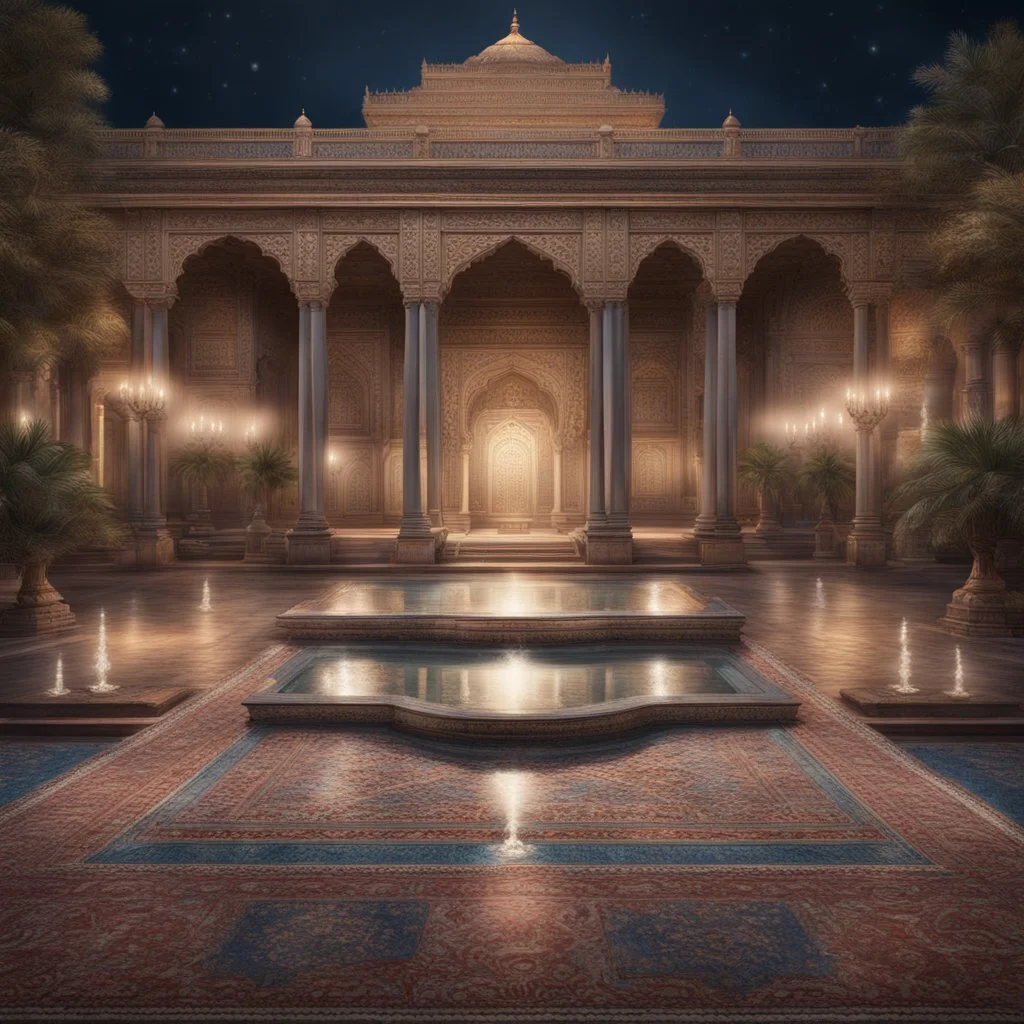 Hyper realistic detailed Outside historical indian palace with glass work on pillars with beautiful carpet & water fountain at night