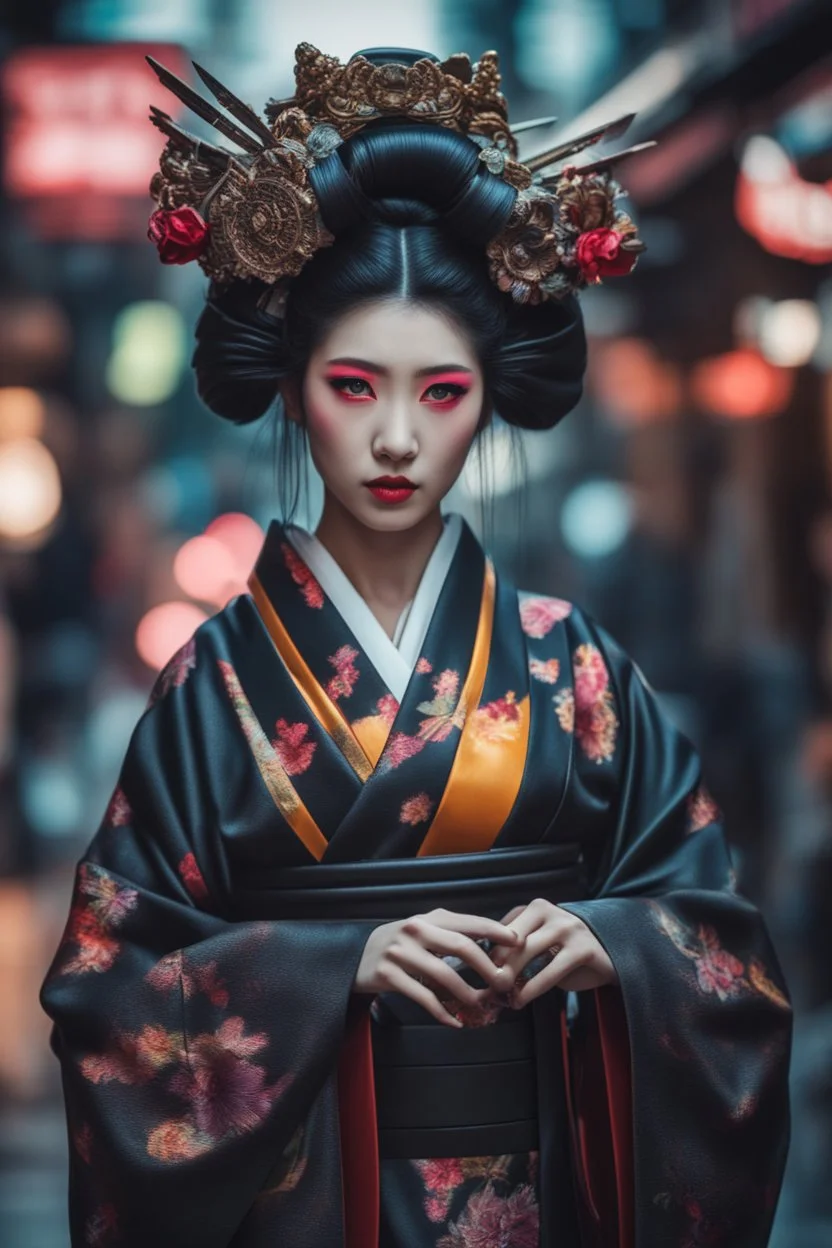 ((Lost suit)),((lost clothes)),Ultra realistic photo beautiful cyberpunk geisha woman , futuristic style, HOF, captured with professional DSLR camera, 64k, ultra detailed,