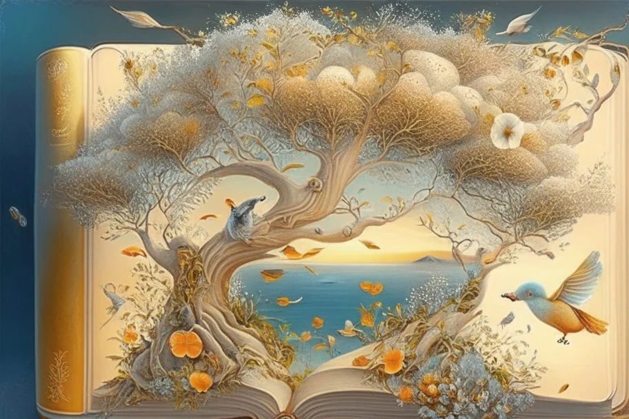 an art book with an illustration of flowers and exotics in the tree, in the style of light silver and light amber, whimsical dreamscapes, greek scene painting, aerial view, whimsical animals, sea and mountain scenes, glistening