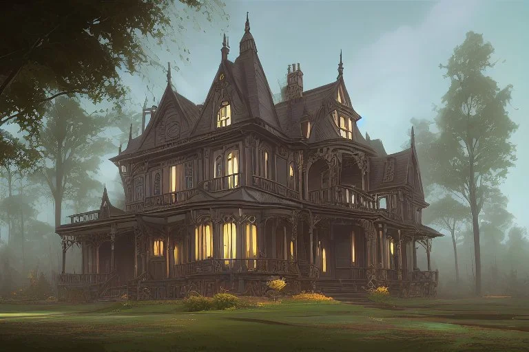 fantasy victorian house surrounded by forest