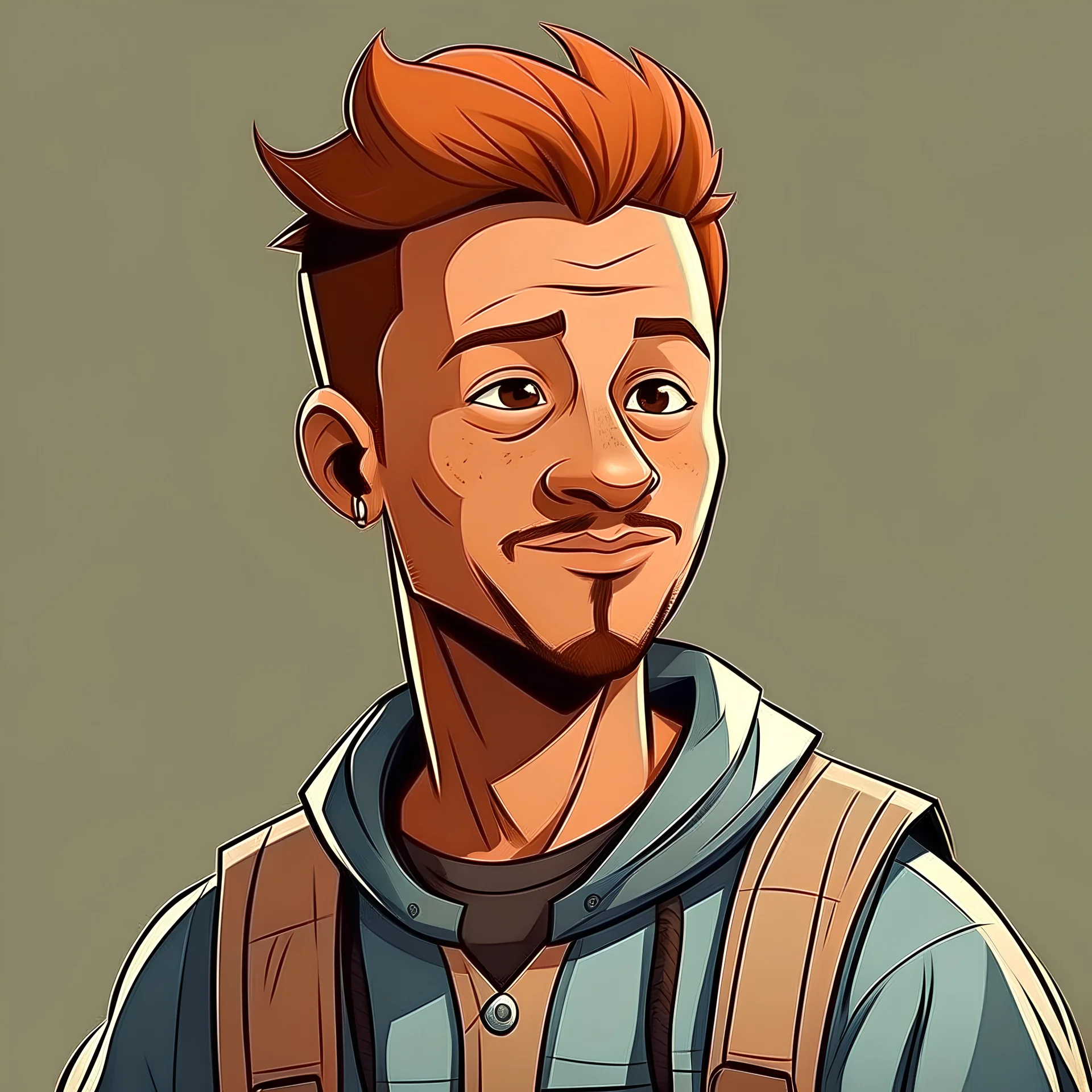 2d illustration happy young brown-skinned man with mohawk wearing overalls portrait