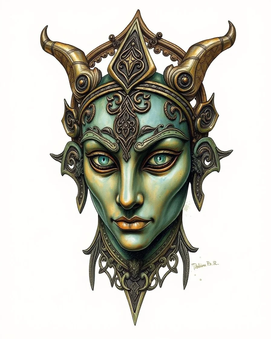 create a full color ink wash and watercolor illustration of a rich patina, ancient bronze female druid ceremonial mask representing Morrigan, utilizing historic Celtic decorative motifs, intricately detailed and sharply defined in the style of Arthur Rackham and Kay Nielsen