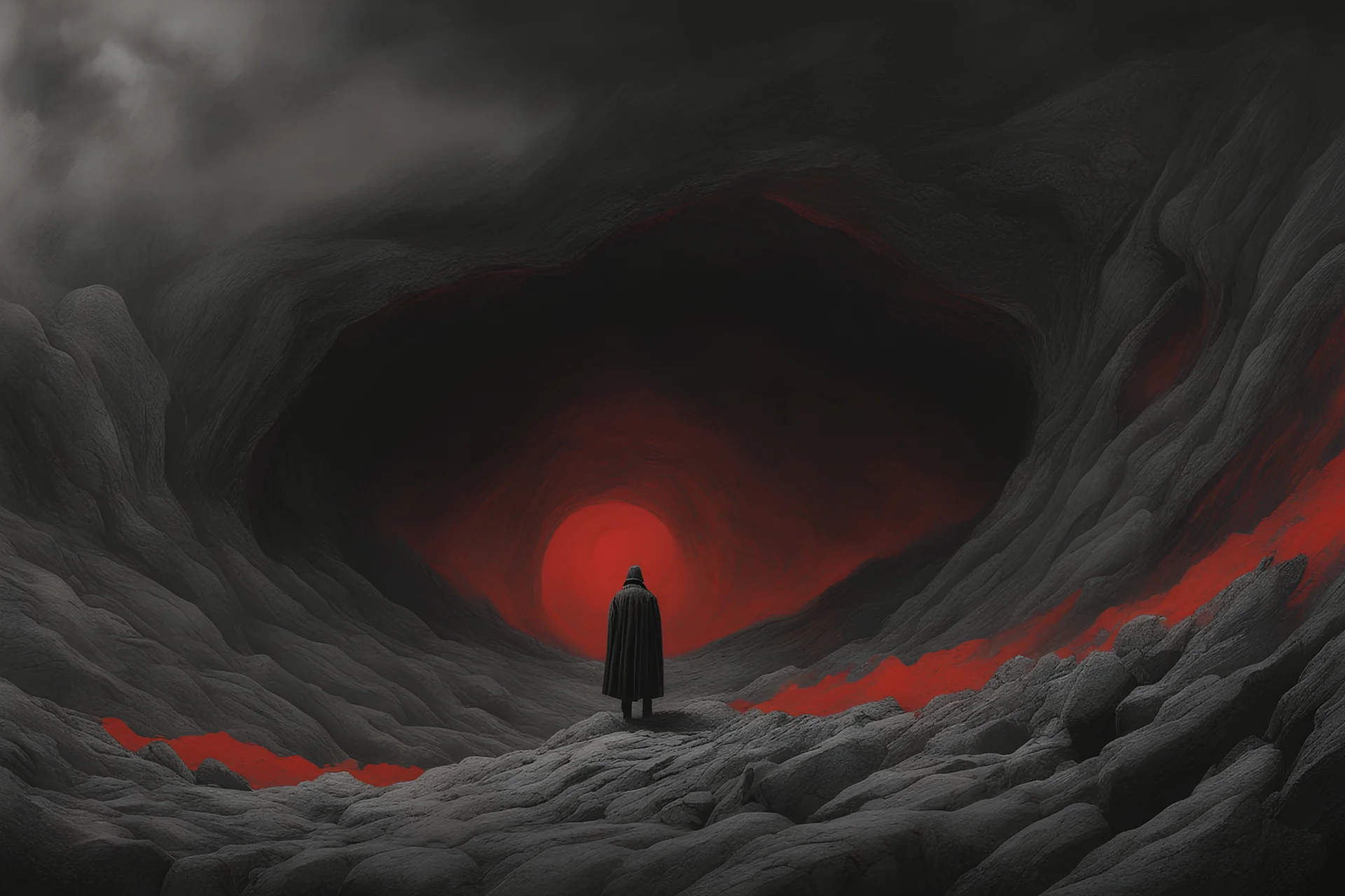 the dark abyss of the soul of a traumatized soldier || in the style of Zdzisław Beksiński, red and black