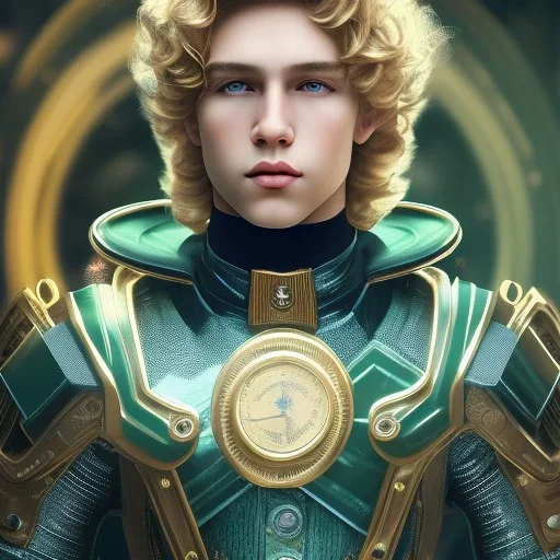 portrait of a teenager boy with curly blonde hair and green eyes,steampunk style,8k quality,full body shot, masterpiece, best quality,sparkling eyes, fluorescent skin, colorful makeup, highly detailed body,sun light, 4K, RAW, depth of field, high contrast, realistic details, 24mm