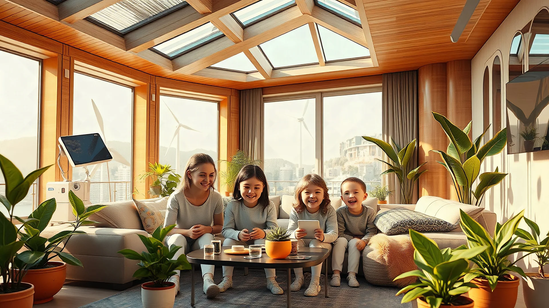 Futuristic family living in a luxurious future home in a hot environment caused by continued global warming and climate change, mitigating technology, sustainable technology, solar power, water turbine, wind turbine, happy children, beautiful clothing, happy robots, lots of house plants, perfect detail, perfect faces, perfect bodies, high quality render, colour photograph