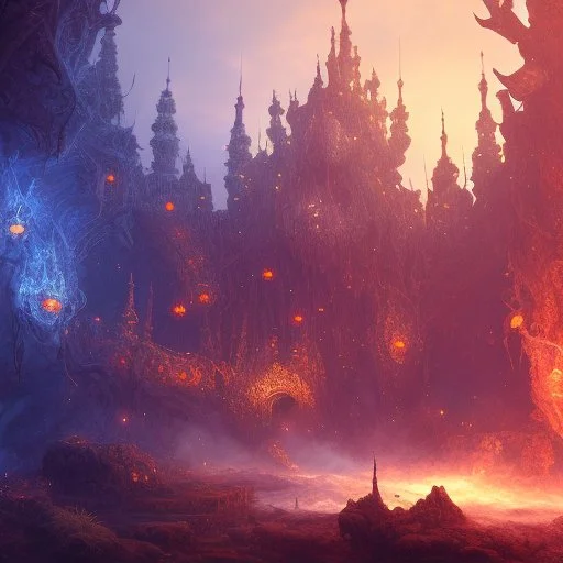 dynamic lighting, Intricately detailed, Splash screen art, deep color, Unreal Engine, volumetric lighting, Hell fantasy artwork, Hell castle,