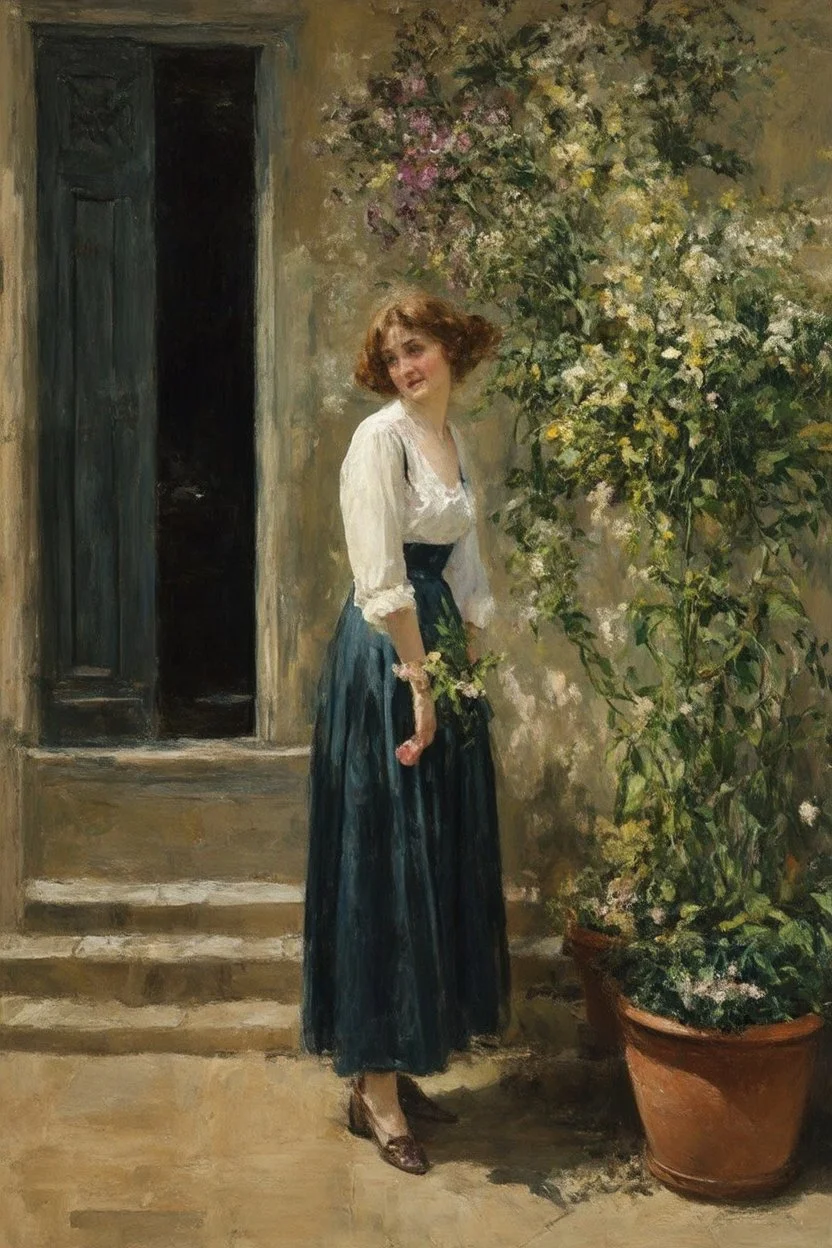 one woman, house, vegetations, flowers in pot, dirt, alfred stevens, and gustave caillebotte paintings