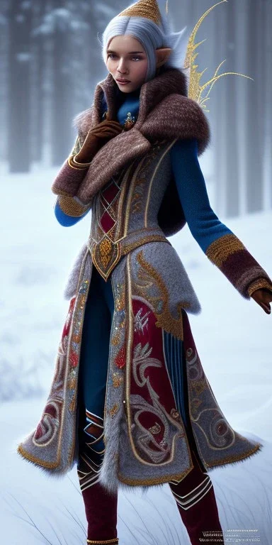 A long shot of a Cute elven female adventurer with ears out, dressed in a warm overcoat, wearing boots on paves, posing frontally, in style of Cedric Peyravernay Art, microdetails, ultradetailed --ar 2:3 --beta --upbeta --upbeta