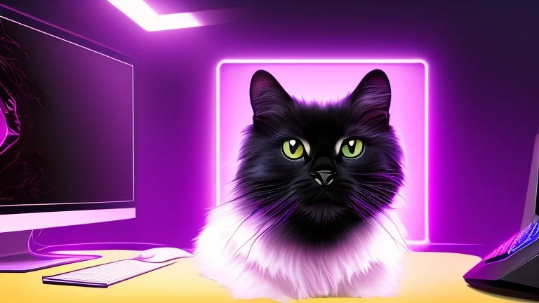 Cute black cat sitting on a gaming chair, in front of a gaming PC table, in a dark room with purple lights and gaming posters, atmospheric, gorgeous, realistic