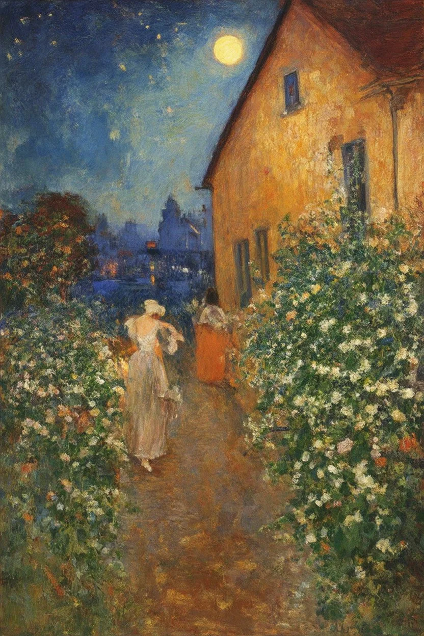 Night, vegetations, flowers, one woman, house, distant buildings, theodor philipsen, and claude monet paintings