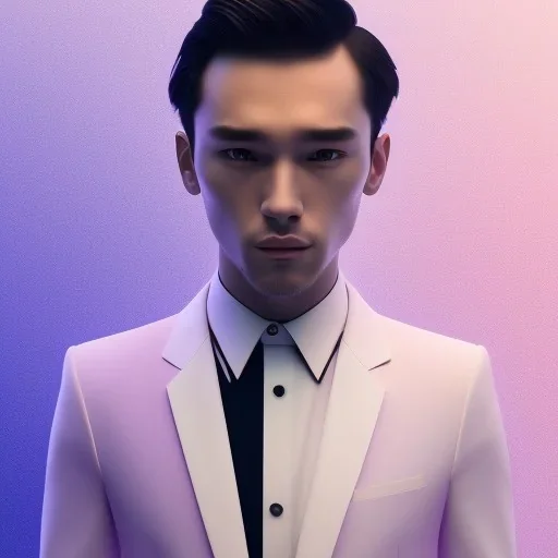 man, cute face, white highlight hair, brown eye, white, skin, purple suits, futuristic, science, purple, blue, dark pink background lighting, technology, profile, asian boy, square face, light orange, pug