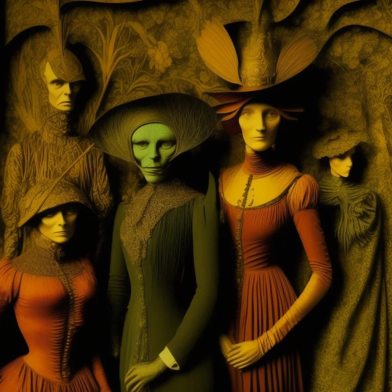 Daguerrotype close up some mysterious figures, odd background, cinematic, Hieronymus Bosch Max Ernst ambient light, by Minicavio Quollati and Marlost Endgulp, Amano, Botticelli, Alphonse Mucha